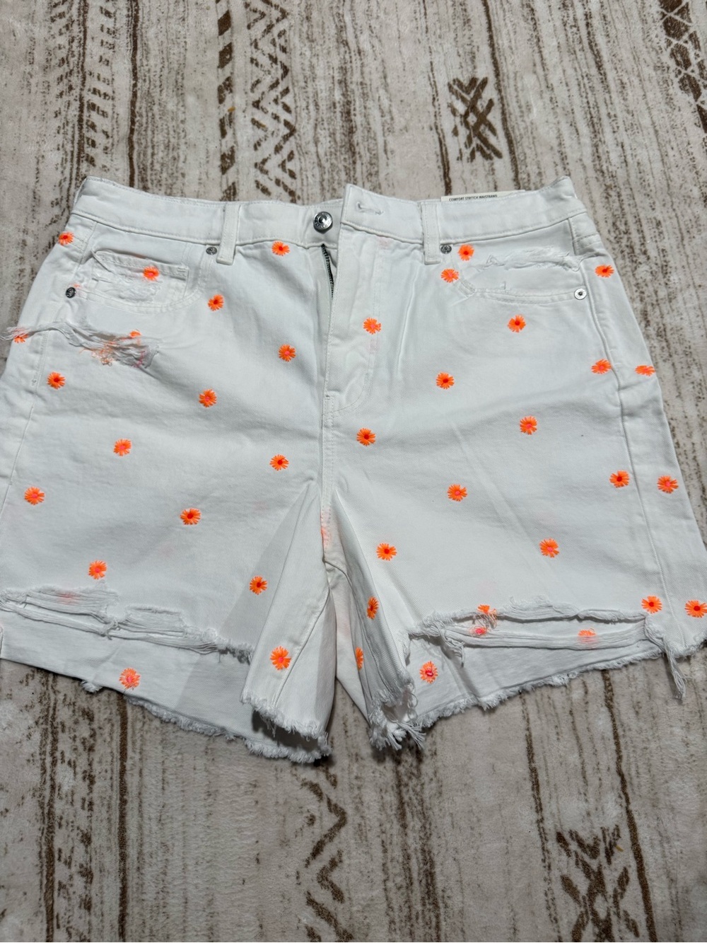 American Eagle Outfitters White Denim Shorts with Neon Orange Daisy Accents